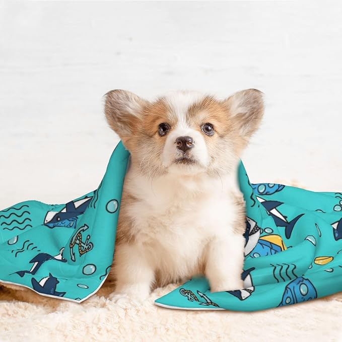 Reversible Plush Pet Blanket for Puppies Kittens, Cute Shark and Anchor, Double Sided Gentle Dot Texture for New Pets Adjusting to Home Environment Softly