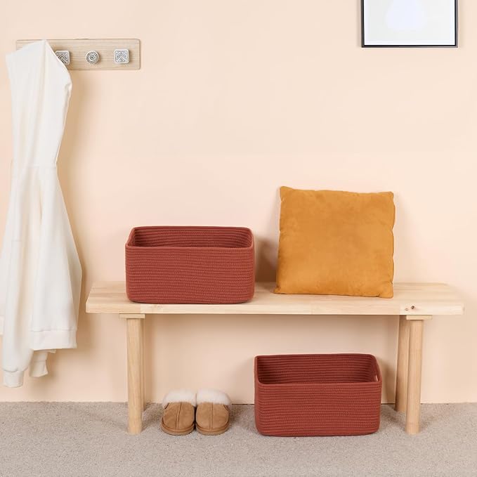 Large Storage Baskets for Shelves, Closet Organizers Bins for Clothes Blanket Towels, Baby Nursery, Toy Baskets Box, Woven Rope Baskets, 17 x 13 x 7.5”, 2 Packs Oxide Red
