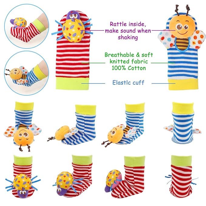 Wrist Rattles Foot Finder Rattle Toy for 0-6 Months Baby, Feet Leg Ankle Socks Arm Hand Bracelet Shaker for 6-12 Months Infant boy & Girl, Gift Set for 0-3 Years Newborn Babies (5 pcs-F)