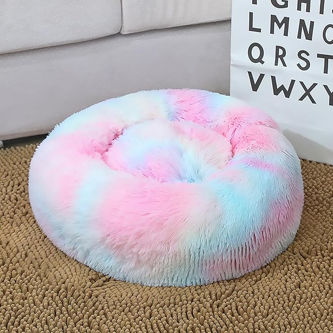 Calming Dog Bed for Small Dogs, Calming Donut Cuddler Pet Bed Anti Anxiety Round Dog Bed Fluffy Plush Faux Fur Cat Bed,Colorful Pink,31.5IN