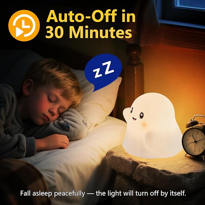 Halloween Ghost Night Light RGB – Touch Night Light for Kids, Rainbow Color-Changing,30-Min Timer,Sounds & Sleep Music, Squishy Silicone, USB Rechargeable, Nursery Decor, Ghost Light Decor