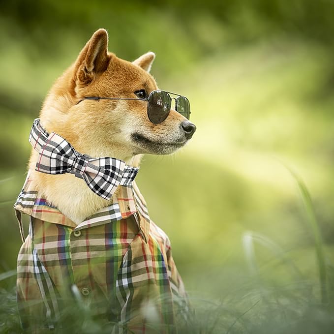 Dog Collar- Plaid Pet Collar Cute Pet Bow Soft Girl or Boy Dog Collars with Metal Buckle Adjustable Collar Cotton Comfortable Pet Collars for X-Small Puppies