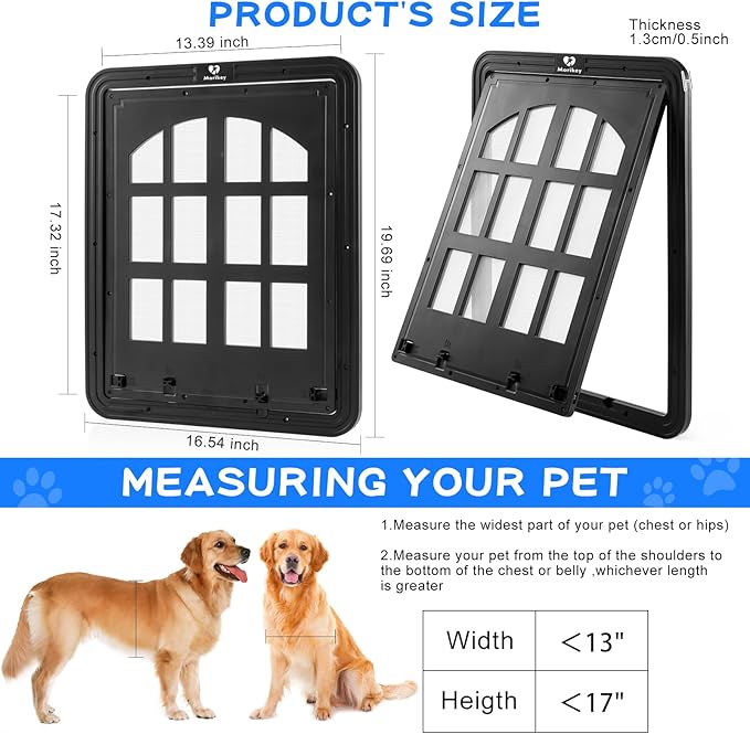 Large Dog Screen Door, 13 x 17 inches Flap Opening Dog Door for Screen Door with 4 Entry Ways, Magnetic Self-Closing Pet Screen Door for Dogs Cats, Black