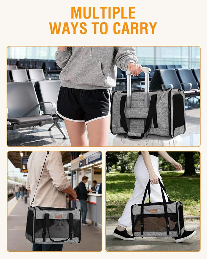 PETUX Large Pet Carrier for Large Cats ＆ Small Dogs - Up to 20Lb, Top and Side Entry, 4 Side Breathable, Foldable Soft Cat Travel Carrier with Safety Car Seat Buckle and Anti-Scratch Mesh - Grey