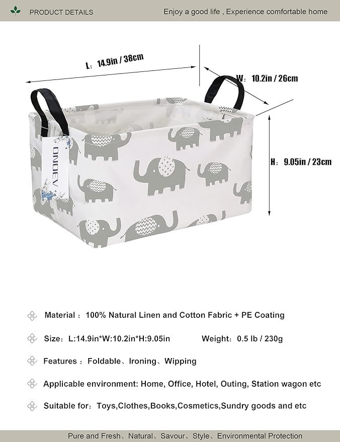 Rectangular Folding Laundry Basket, waterproof Canvas Basket,gift basket,Suitable for children's room,Office,Clothes,Toys Storage (Grey Elephant)