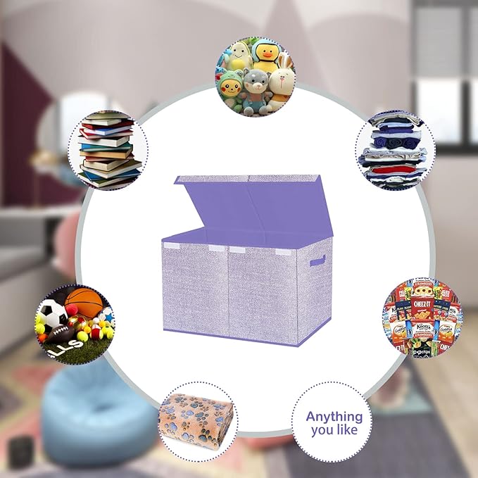 Toy Storage Bins,Large Toy Box Chest with Lids,Foldable Stuffed Animal Toy Organizers and Storage with Sturdy Handles for Kids,Girls,Boys,Nursery,Playroom 24.5"x13"x16" (Purple)