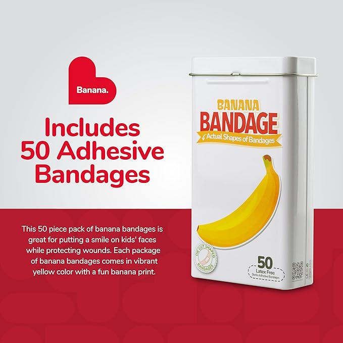 BioSwiss Bandages, Banana Shaped Self Adhesive Bandage, Latex Free Sterile Wound Care, Fun First Aid Kit Supplies for Kids, 50 Count