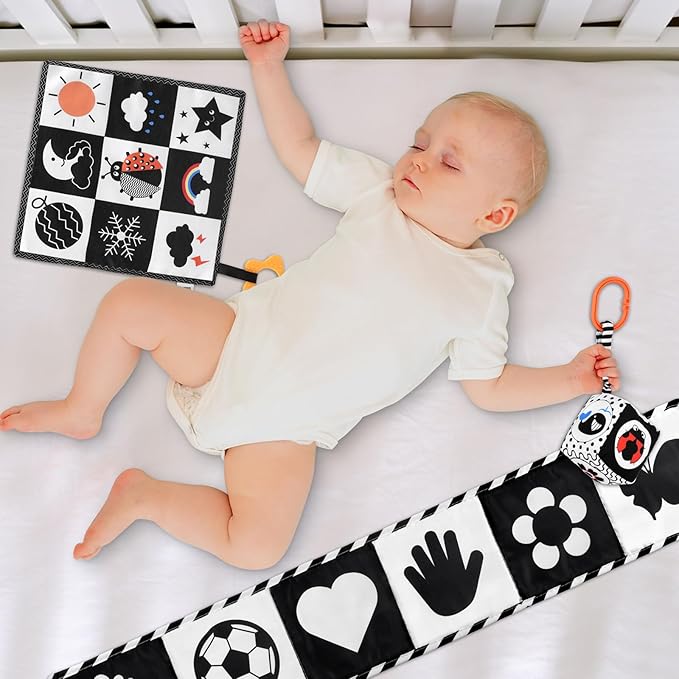 SAMMAS Black and White High Contrast Baby Toys 0-3 Months for Newborn Toys Infant Sensory Soft Book Infant Tummy Time Toys for Brain Development Montessori Learning Activities for Babies(3 Pcs)