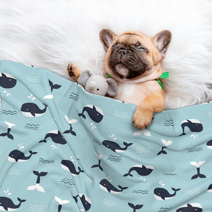 Reversible Plush Throw for Dogs and Cats, Whale in Ocean Pattern, Double Sided Blanket with Nubby Dot Side and Sleek Side Ideal for Cuddling Nesting Security