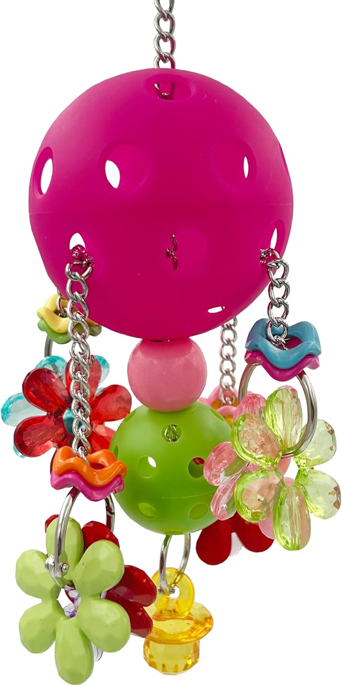 Pullable Bird Plastic Ball Toys with Acrylic Pacifiers and Flowers, Colorful Parrot Toys for Medium and Large Parrot Quaker Monk Parakeet Sun Conures (Rose red)