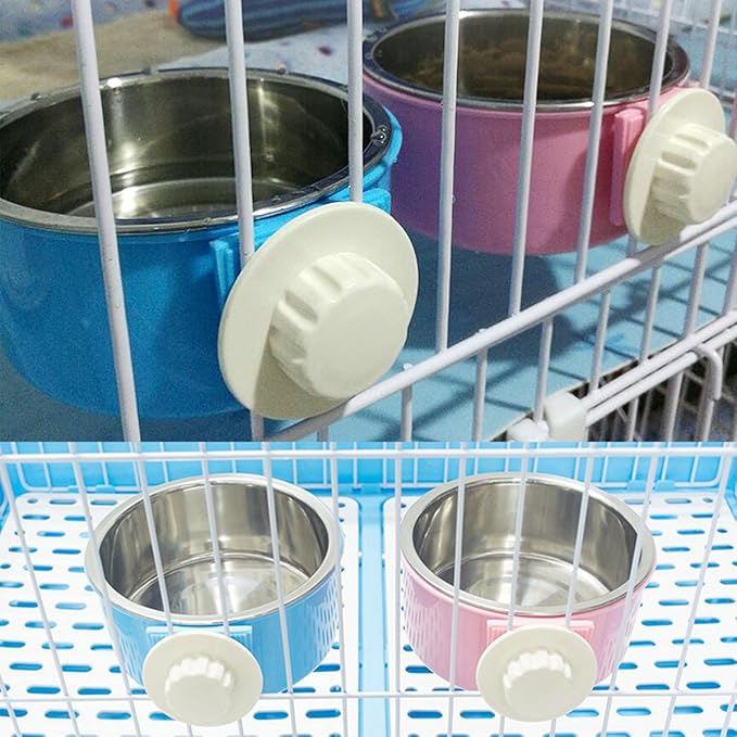 Crate Dog Bowl Removable Stainless Steel Water Food Feeder Bowls Cage Coop Cup for Cat Puppy Bird Pets (Large, Blue)