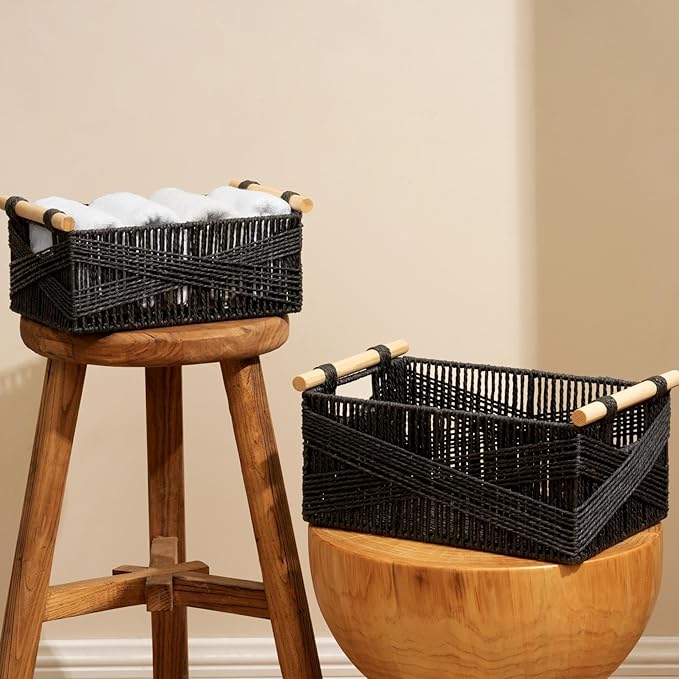 LA JOLIE MUSE Wicker Storage Baskets for Organizing, Recyclable Paper Rope Basket with Wood Handles, Decorative Hand Woven Basket Organizers for Makeup Books Shelves Living Room, Black, Set of 2