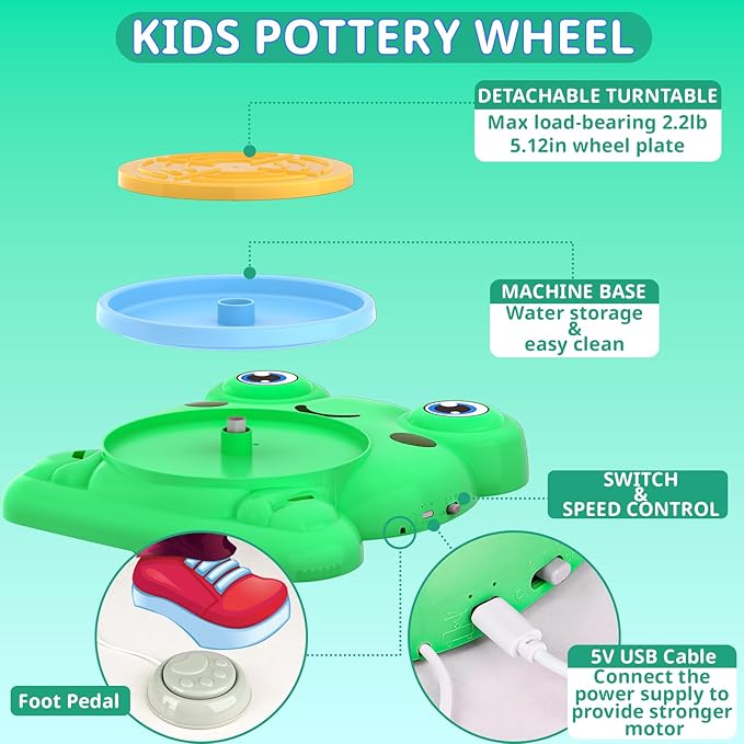 Pottery Wheel for Kids - Complete Pottery Painting Kit Arts and Crafts for Kids Ages 8-12 with 3 Pack Air Dry Clay Art Supplies Toys for Girls Boy Birthday Gift for 6 7 8 9 10 11 12+