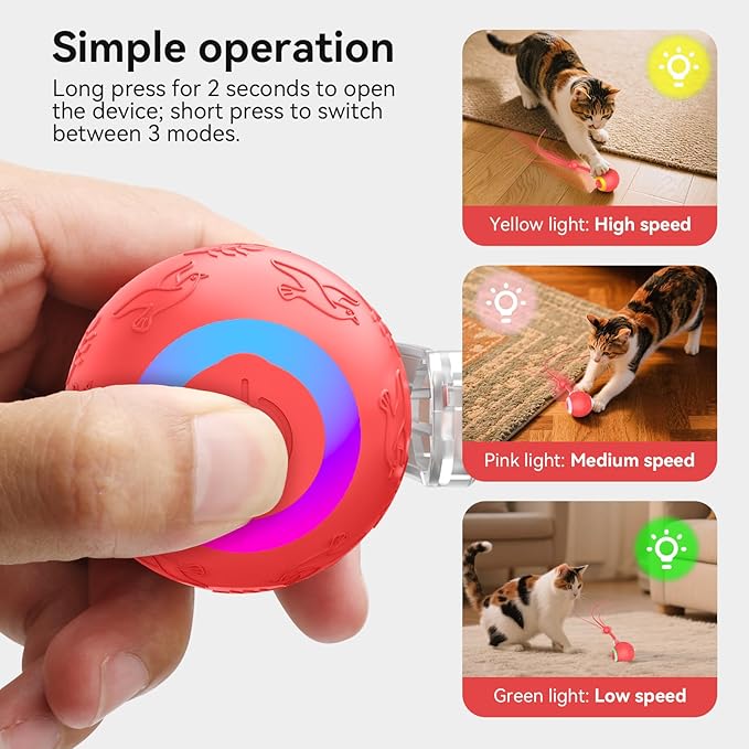 Interactive Cat Toys Ball for Indoor Cats, Automatic Pet Toys for Bored Indoor Adult Cats, Motion Activated, USB Rechargeable, Christmas Birthday Gifts (RED)