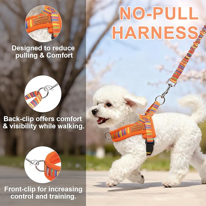 BEAUTYZOO Dog Harness for Small Dogs,No Pull Dog Harness and Leash Set,Soft Escape Proof Puppy Vest Harness with Handle,Reflective Lightweight Step in Harness for Girl Boy Dogs,Orange_Print XS