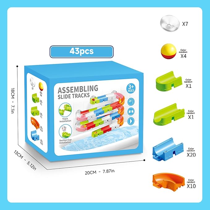 Baby Bath Toys for Toddler 1-3 3-5, Bathtub Shower Building Duck Toy, 43 PCS Slide Blocks Marble Run Toys for Kids 1 2 3 4 5 Years Old Toddler Boys and Girls