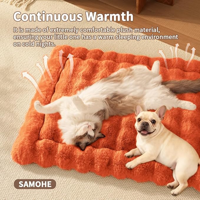 Self-Warming Cat Bed, Plush Faux Fur Pet Bed Mat with Anti-Slip Bottom, Ultra Soft Heated Pad for Cats & Kittens, Cozy Fluffy Bed for Window & Sills Couches, Machine Washable, 23x15 Inch Orange