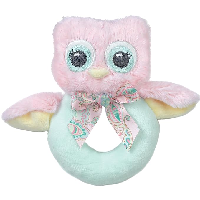 Bearington Baby Lil' Hoots Plush Stuffed Animal Pink Owl Soft Ring Rattle - 5.8" Baby Rattle Newborn Toy