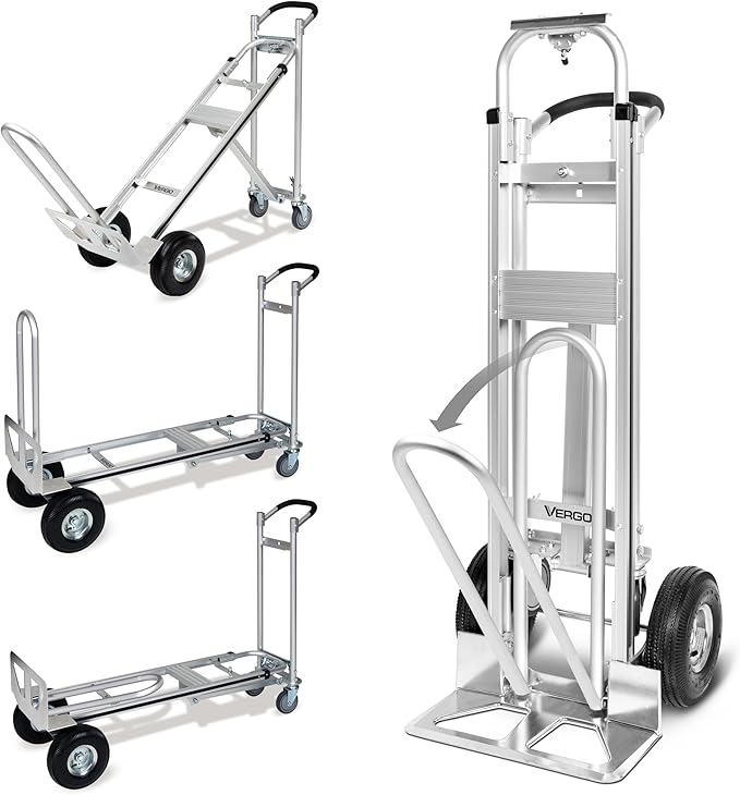 Vergo Industrial Convertible Hand Truck - AS7A2 Heavy Duty Aluminum 3 in 1 Dolly (750 lb Capacity) Lightweight Frame, Ergonomic Handle, Extendable Loop, Versatile Moving Dolly (3 Positions, 53" High)