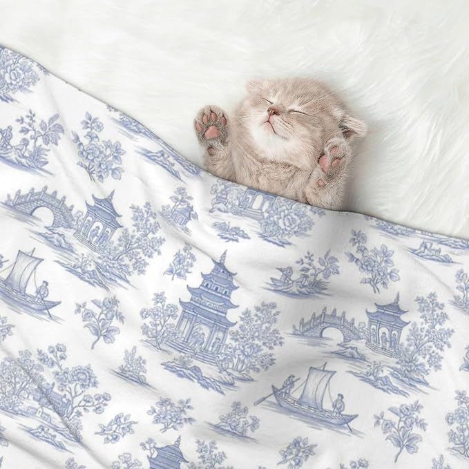 Pet Blanket for Couches and Beds, Chinese Style Powder Blue Chinoiserie Toile, Reversible Double Sided Plush Design with Soft Bumpy Texture and Smooth Surface, Furniture Protector