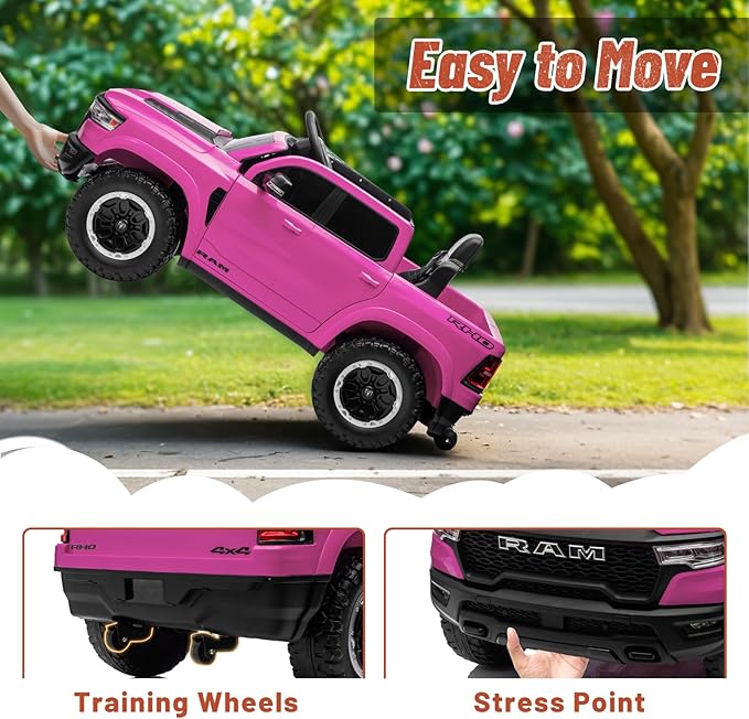 Licensed Ram 1500 Ride on Toys for Kids 4-8, Ride-on Electric Car for Kids with Remote Control, Battery Powered with Car Key/Gear Selector, LED Light/Music/MP3, Back Storage (Pink)