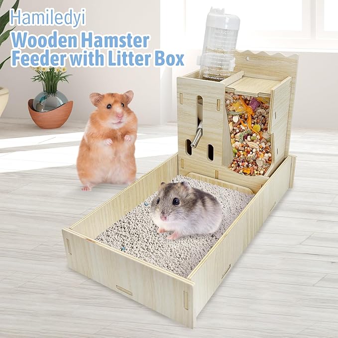 Hamiledyi 3 in 1 Wooden Hamster Feeder Dispenser Hanging Dwarf Hamster Food Bowl & Water Bottle with Removable Litter Box Small Animal Feeder for Hamsters Mouse Gerbil (11" x 5.7" x 7.5")