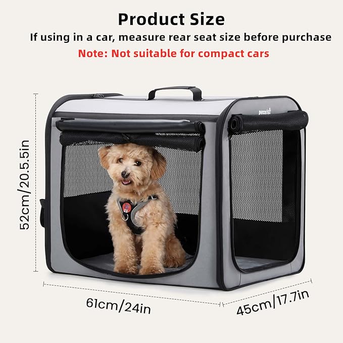Dog Car Carrier Light Weight 24×17.7×20.5in, Dog Carrier Easy to Assemble, Dog Car Crate Portable and Breathable, Foldable Pet Carrier for Indoor and Outdoor, Dog Travel Crate with Curtain Gray