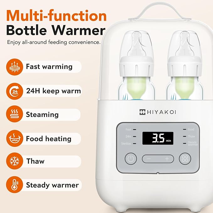 Bottle Warmer, HIYAKOI Fast Baby Bottle Warmer for Breastmilk with Smart Temperature Control, Keep 24H, Sterili-zing, Heat Baby Food, Thaw, Double Bottle Warmer for All Bottles