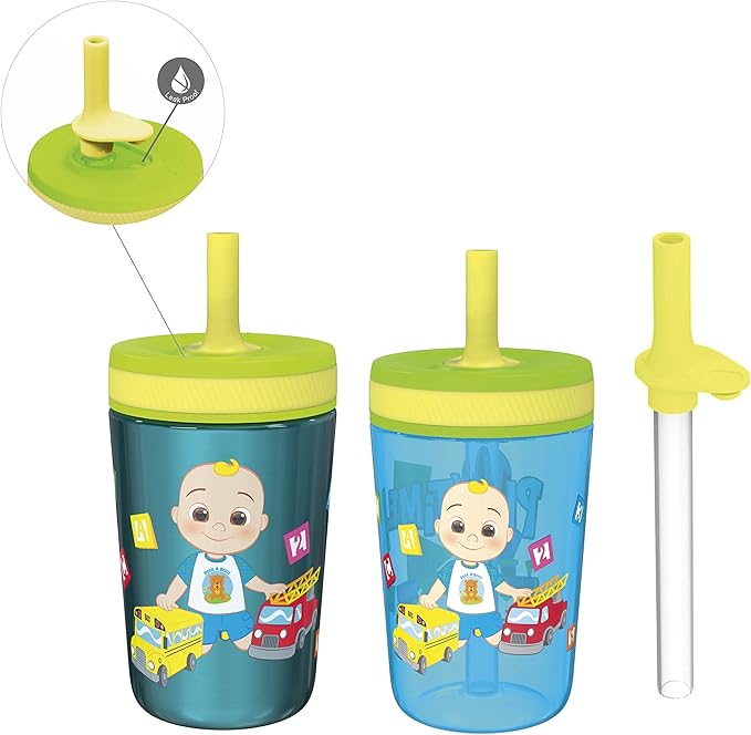 Zak Designs CoComelon Kelso Tumbler Set, Leak-Proof Screw-On Lid with Straw, Bundle for Kids Includes Plastic and Stainless Steel Cups with Bonus Sipper (3pc Set, Non-BPA), 15 fluid ounces