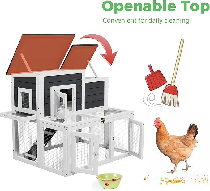 Outdoor Chicken Coops for 2-4 Chickens, All Weather Used Wooden Quail Cage Duck Coop Outdoor with Asphalt Roof, Ramp Openable Top Pull-Out Tray for Small Animals (White2)