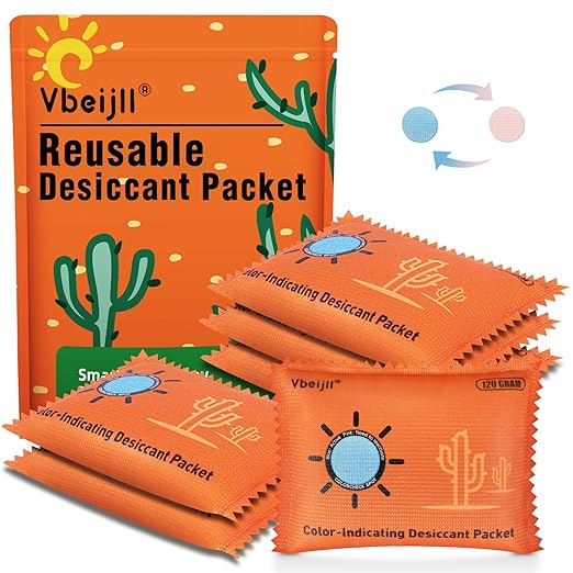 120 Gram (6 Pack) Color-Indicating Desiccant Packs for Storage, Rechargeable Silica Gel Packets, Moisture Absorbers for Storage Bins, 3D Filaments, Cars, Safe, Electronics, Toolboxes