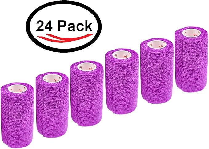 3 Inch Vet Wrap Tape Bulk (Purple) (Pack of 24) Self Adhesive Adherent Adhering Flex Bandage Grip Roll for Dog Cat Pet Horse