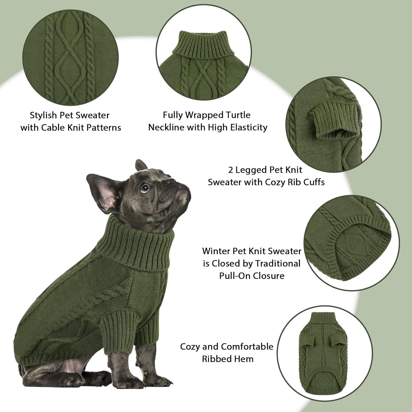 Queenmore Small Dog Pullover Sweater, Cold Weather Cable Knitwear, Classic Turtleneck Thick Warm Clothes for Chihuahua, Bulldog, Dachshund, Pug (Army Green, Large)