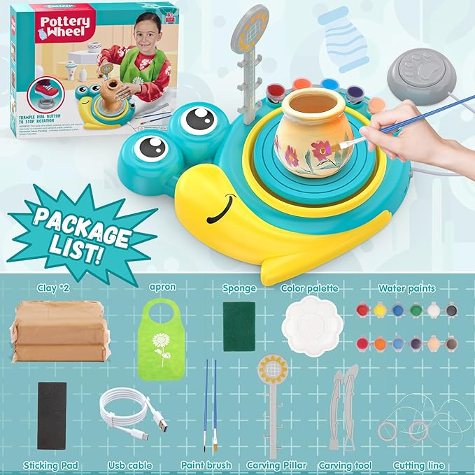 Pottery Wheel for Kids - Complete Art Supplies Arts & Crafts Kit, Crafts for Girls 8-12, Girls Boy Toys Birthday Halloween Christmas Gift for Kids Ages 6 7 8 9 10 11 12+, (Snail)