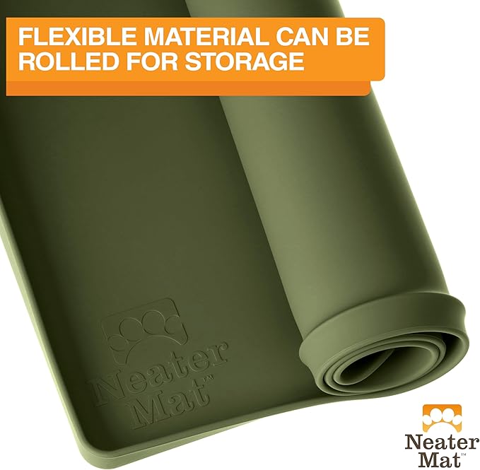 Neater Pet Brands Neater Mat Pet Mats for Food and Water, Cat & Dog Bowl Mat Waterproof Silicone, Feeding Tray, Dog Food Mats for Floors, Placemat w/Raised Edge for Under Bowls, 19” x 12”, Olive