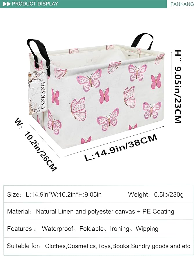 FANKANG Storage Bins, Nursery Hamper Canvas Laundry Basket Foldable with Waterproof PE Coating Large Storage Baskets for Kids Boys and Girls, Office, Bedroom, Clothes,Toys(Rec-pink butterfly