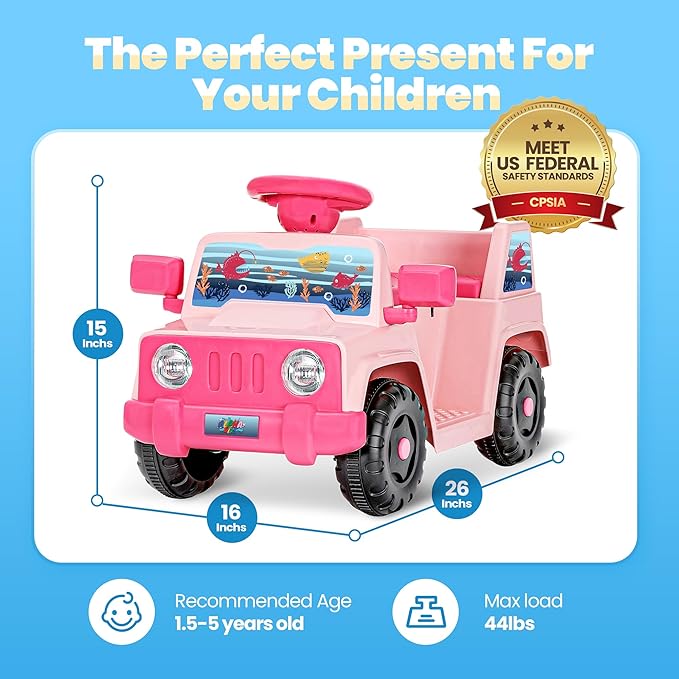 6V Toddler Ride On Car Interactive Electric Car with Horn LED Front Light Rear Storage Ocean Theme Perfect for Boys & Girls 18+ Months Safe Fun and Exciting for Little Explorers(Pink Ocean)