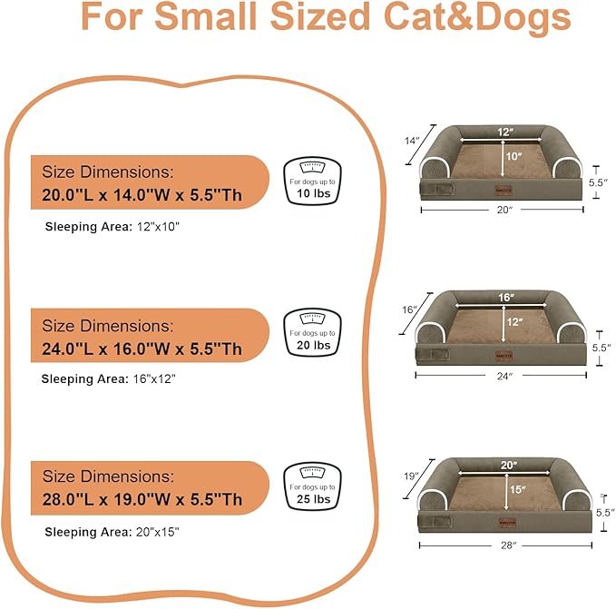 Small Dog Bed Orthopedic Washable: Beds Bolster Small Sized Dogs Cats Bed Egg Crate Foam Couch Sofa Waterproof with Removable Cover - Brown