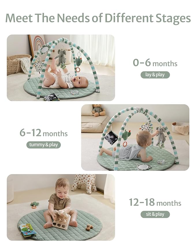 Blissful Diary Baby Play Gym Mat, Play Mat Activity Mat with 6 Detachable Toys for Stage-Based Sensory & Motor Skill Development, Easy to Install & Clean, Baby Essentials Gift, Sage Green