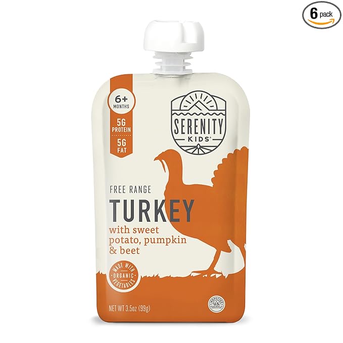 Serenity Kids 6+ Months Organic Baby Food Pouches - BPA-Free Range Turkey Pouches with Pumpkin Puree, Sweet Potato & Beet - 3.5 Oz, 6 Pack