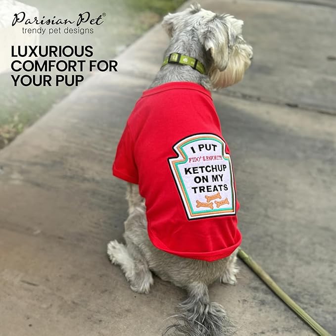 Parisian Pet Dog Shirt - Embroidered “I Put Ketchup on My Treats“ - 100% Cotton and Polyester Dog Clothes - Sleeved, Lightweight Costume for Dogs - Red Dog Shirts for Large Dogs - Pet Costumes - L
