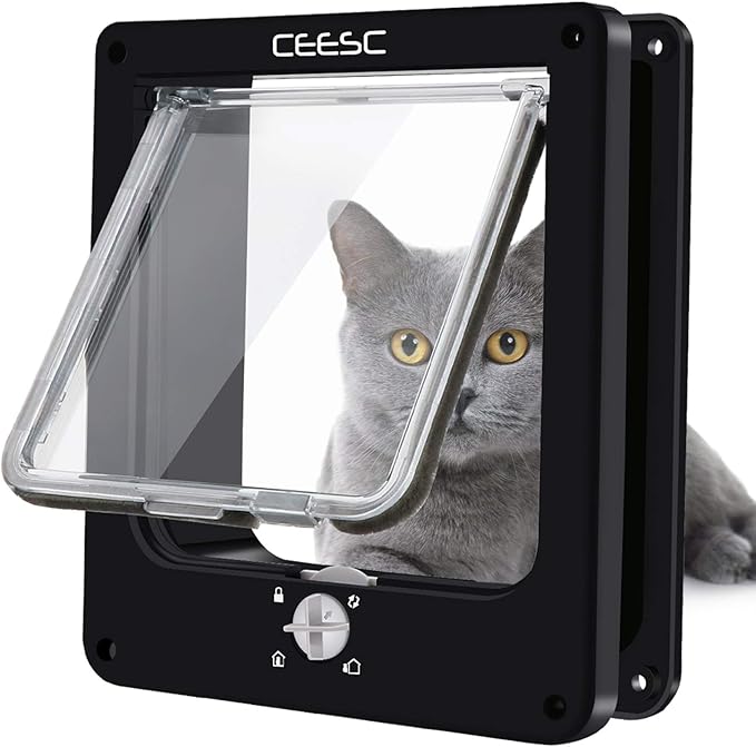 CEESC Medium Cat Door for Interior/Exterior Door, Weatherproof, Black, Rotary 4 Way Locking Pet Door for Cats & Dogs with Circumference < 15.75", Upgraded Version