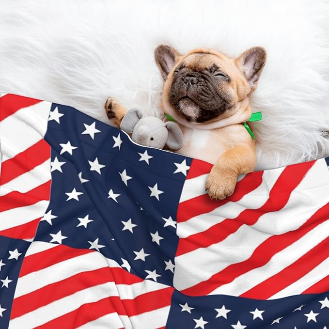 Two Sided Pet Cuddler Blanket for Anxiety Calming, American Flag Plaid Pattern, Reversible Plush Design with Bubble Dot Pattern Provides Familiar Surface Anywhere
