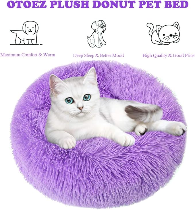 otoez Kitten Puppy Bed Extra Small XS Round Dog Cat Beds Anti Anxiety Plush Pet Calming Donut Bed with Non-Slip Waterproof Bottom, Washable (15.7", Purple)
