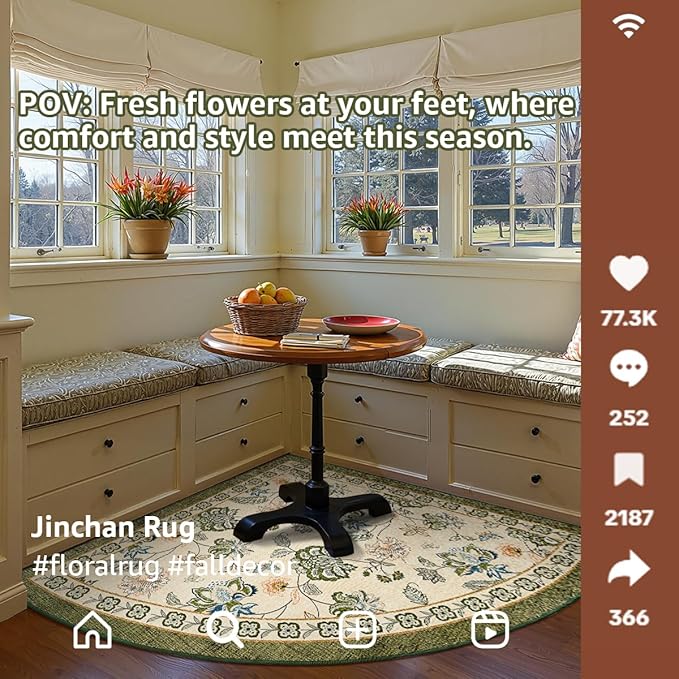 jinchan Floral Corner Rug for Entryway Washable Kitchen Rug Vintage Romance Design Non Slip Quarter Circle Lightweight Low-Pile Throw Carpet for Playroom Reading Nook Nursery, 4ft Radius, Green/Beige
