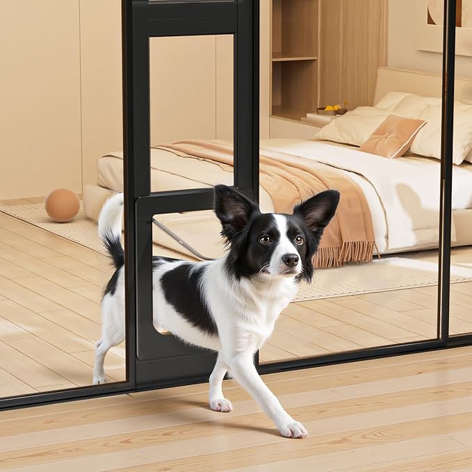 Dog Door for Sliding Glass Door, Magnetic Plastic Flap, Adjustable Height, No-Cut Insert with Lock, Ideal for Renters, Apartments, Patio Black M