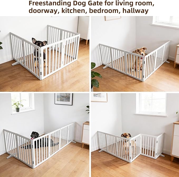 ZJSF Freestanding Indoor Dog Gate for House Foldable Wood White Puppy Gate for Doorways Pet Gate for Stairs Extra Wide Pet Fence 24" Height 6 Panels