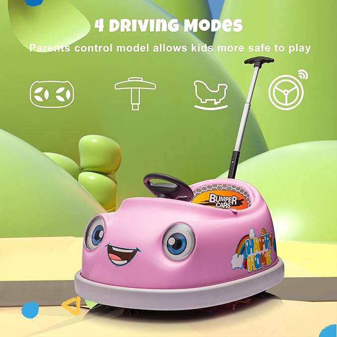 12V Dual Battery Electric Ride on Kids Bumper Car w/Remote Control,360 Degree Spin,Push Rod Rocker Horse Function,3-Speeds Babies & Toddlers Bumping Car Ride on Toy Gift for 1-4 Years Children (Pink)