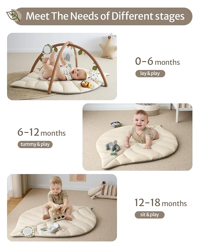 Blissful Diary Baby Play Gym & Activity Mat, Leaf Shaped Baby Tummy Time Play Mat with 6 Detachable Toys, Promotes Motor Skills & Sensory Development, Newborn Baby Essentials Gift, Oatmeal Beige