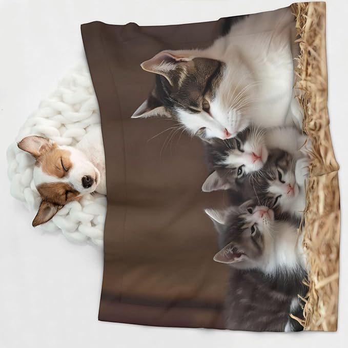 Cat Family Print Soft Plush Pet Blanket, Washable Dog Blanket, Cat Fleece Throw, Puppy Bed Crate Mat & Sofa Couch Protector - Medium